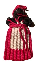 Primitive 8” Vtg Handmade Crochet Bottle Cover Black Doll Red White Dress