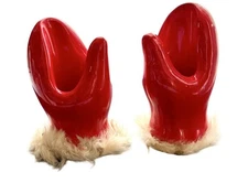 Pair of fab Holt Howard 1962 Red Santa Mittens Candle Holders White Fur Trim  