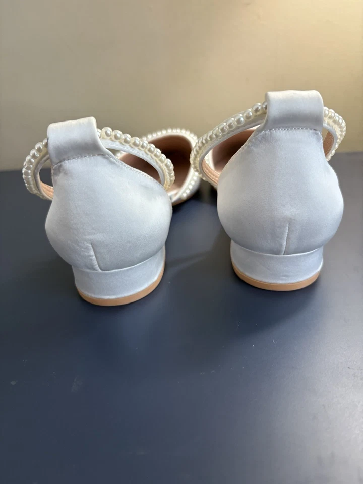 Lulus Satin And Pearl White Wedding Shoes- Pointed Flat Heel. Size 7.5 - Image 2 of 4