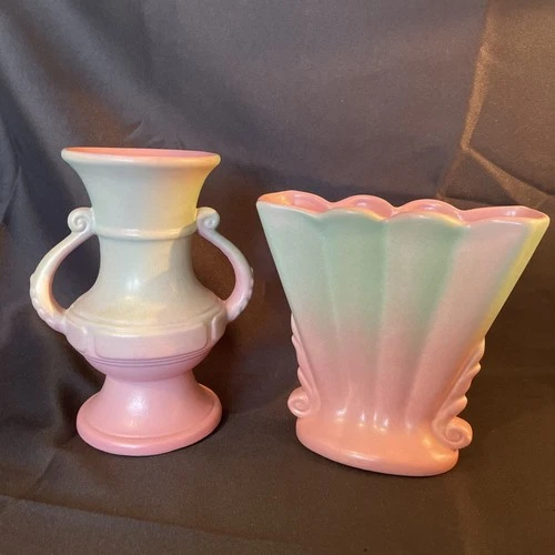 Lot Of 2 Vintage Rumrill Red Wing Vases Matte Blended Apple Blossom 272, 368 HTF