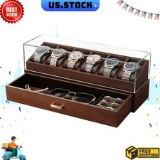 NEW Wooden Watch Box 6 Slots Glass Lid 2-Layer Jewelry Organizer Walnut Gift Box
