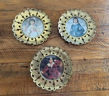 Vintage Set of 3 Brass Round Butterfly Framed Floral Wall Hanging Photos England