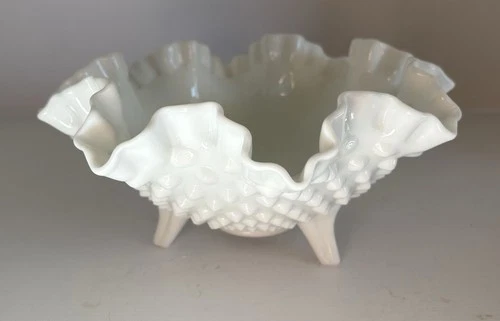 Vintage Fenton Style Milk Glass Hobnail Bowl Ruffled Edge Footed Compote