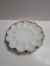 Vintage Milk Glass White Gold Rimmed Deviled Egg Plate Platter Dish