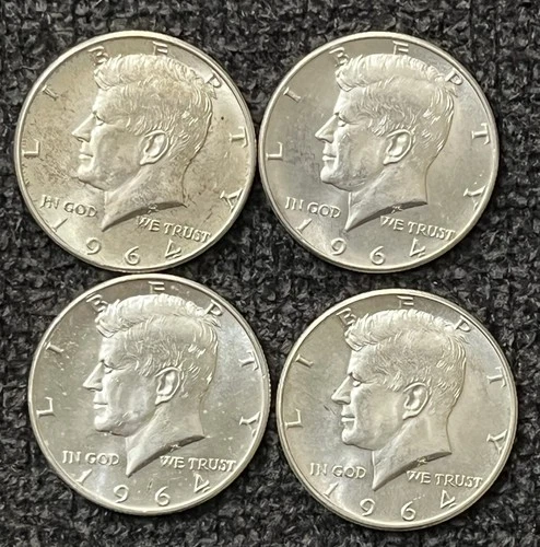 1964 50c Kennedy Half Dollars, 90% Silver, AU-Uncirculated, Lot of 4