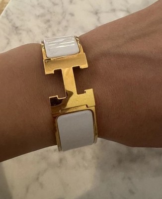 Authentic Hermes Clic H Bracelet White Enamel Gold Plated