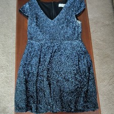 Badgley Mischka Womens Blue Sequin V-Neck Knee Length Dress Size 16 pre-owned