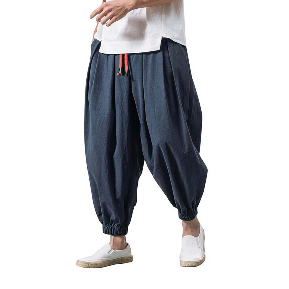 Men Harem Pants Casual Elastic Waist Hippie Bottoms Pant Baggy Wide Leg Trousers - Image 2 of 4