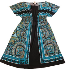 B Smart Dress Sz 4 Turquoise Black Smocked Empire Waist Dolman Sleeve Mini