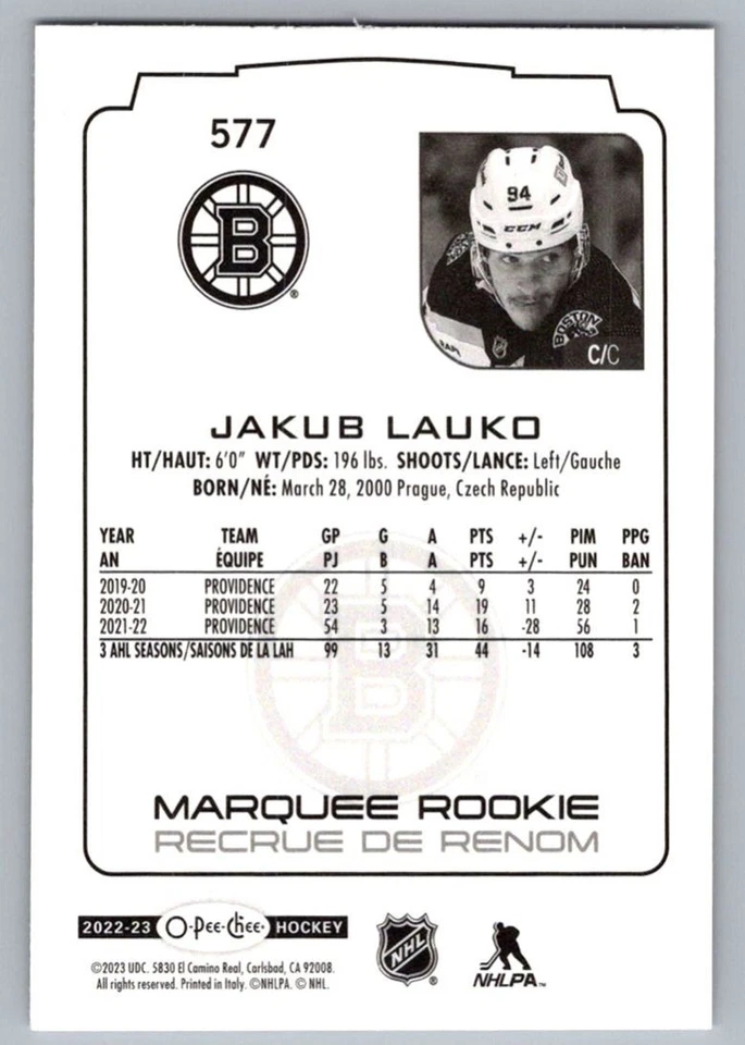 2022-23 O-Pee-Chee Jakub Lauko Rookie Boston Bruins #577 - Image 2 of 2