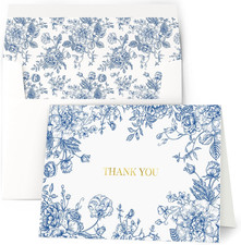 Thank You Cards with Envelopes, Gold Foil Blue Floral 50 Pack 3.5x5 Greetin...