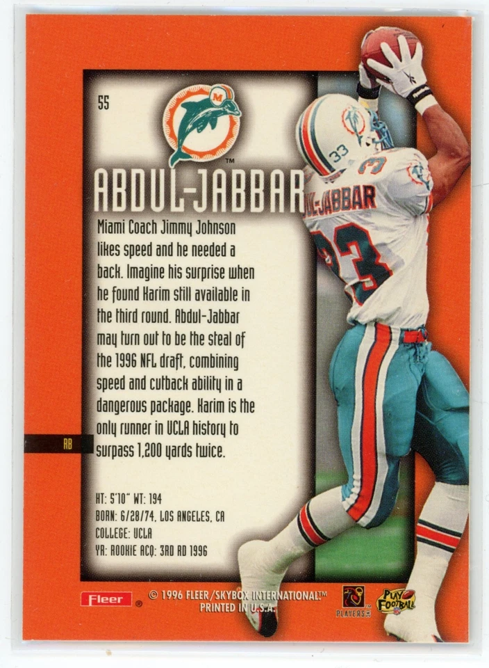 1996 Fleer Ultra Sensations Karim Abdul-Jabbar Card #55 Rookie RC - Image 2 of 2