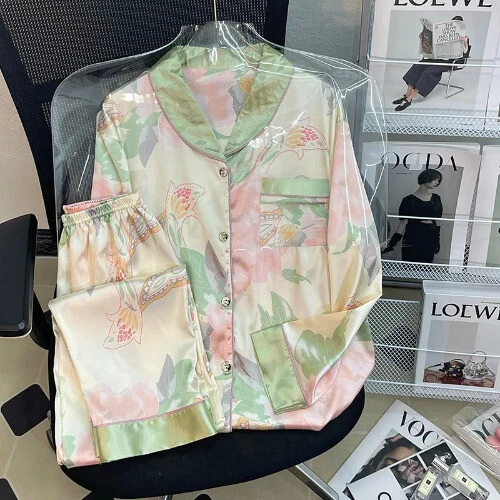 Pijama Seda Hielo Mujer Pijama Primavera Manga Larga Hogar Set - Imagen 8 de 49