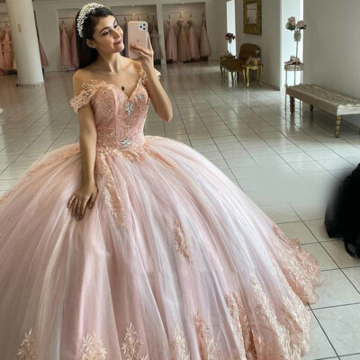 Blush Pink Quinceanera Dresses Sweet 16 Off Shoulder Princess Dreamy Ball  Gowns | eBay UK