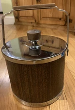 Vintage Atapco MCM Faux Wood Grain Ice Bucket Chrome Lid Barware Mid Century