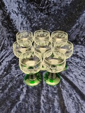 Eight Vintage Luminarc France Emerald Green Etched Crystal Glases