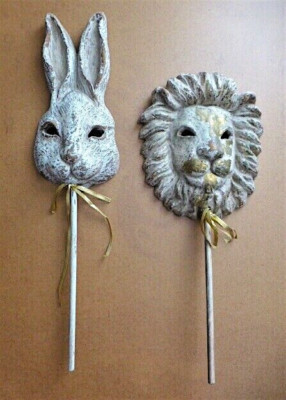 Mid Cent Modern Repro Venetian Carnival Wall Mount Mask Set of Rabbit and Lion!!