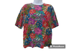 Sz L Vintage Christie  Jill 100 Silk Short Sleeve Colorful Floral Blouse Top