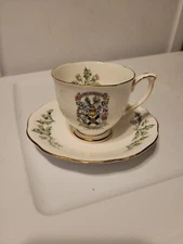 Queen Anne Fine Bone China Teacup & Saucer - Vintage "Nova Scotia" Crest Thistle