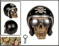Spardose-Totenkopf-Motoradhelm- Sonnenbrille-Schwarz-Deko-Sparschwein