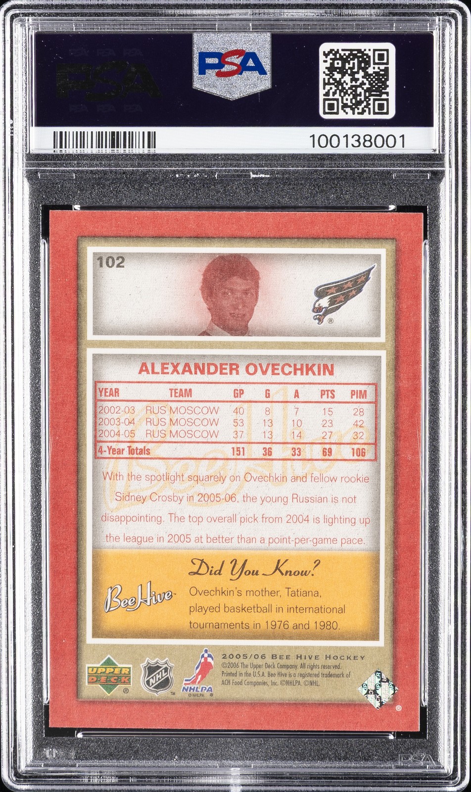2005 UPPER DECK BEE HIVE RED #102 ALEXANDER OVECHKIN ROOKIE RC PSA 10 view 2