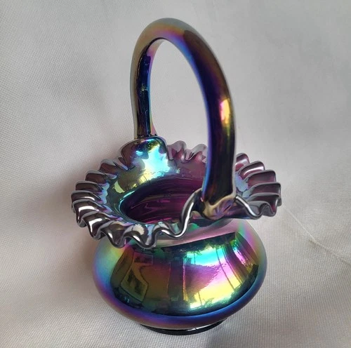 Fenton Iridescent Glass Basket With Handle
