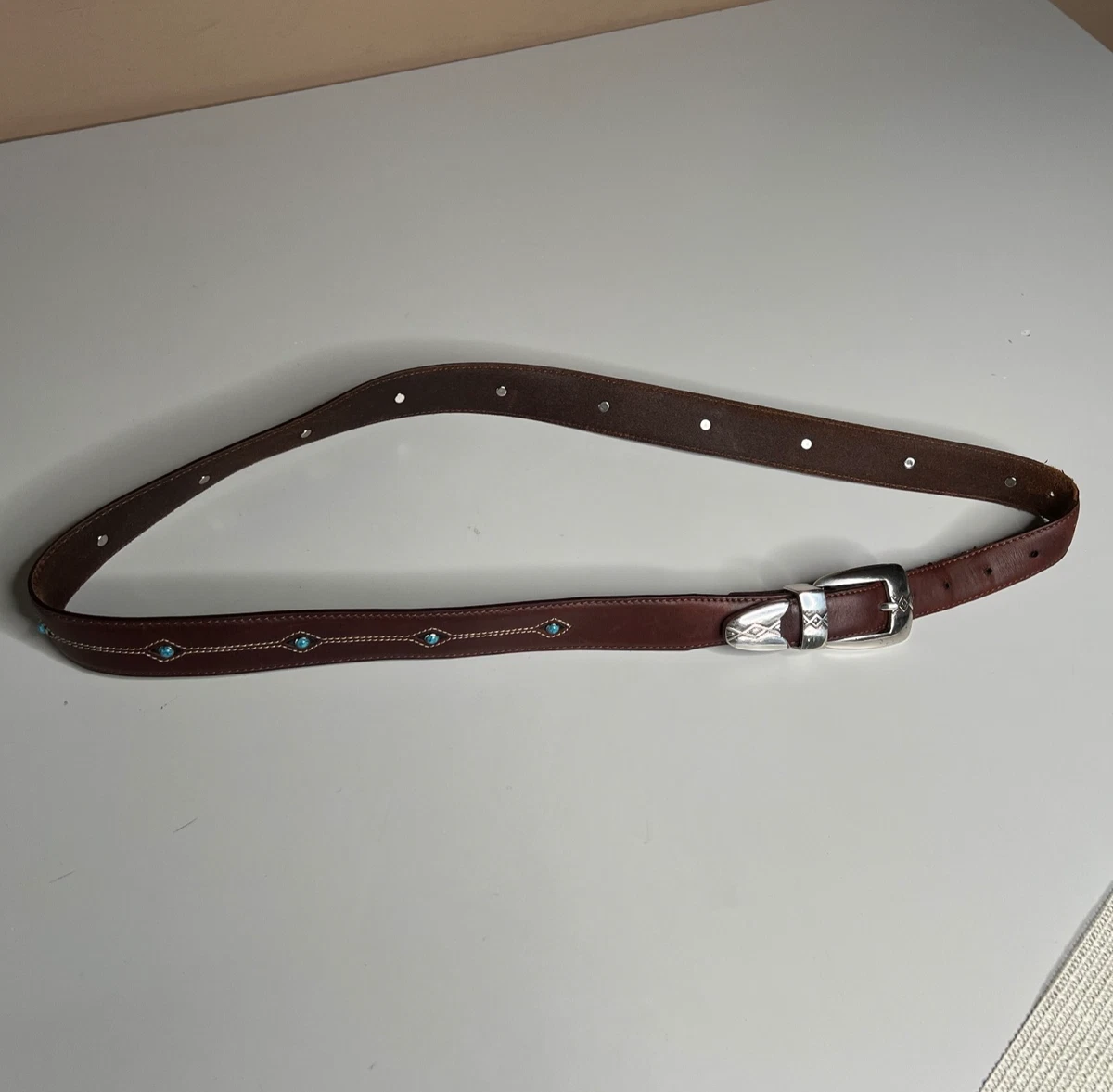 Vintage 90s Onyx Brighton Brown Genuine Leather USA Made Silver Tipped Belt XL brighton onyx belt products for sale | eBay main image 3