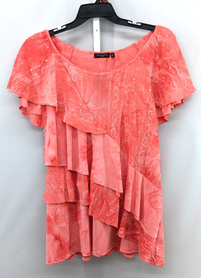 Notations Blouse Womens Plus Size 3X Orange Ruffled Sequin Embroidered Top