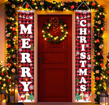 Christmas Decorations Red Black Plaid Banner Xmas Porch Door Sign Welcome