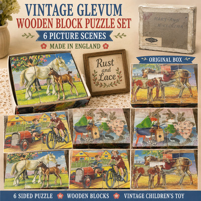 Vintage Glevum Wooden Cube Puzzle Set England 6 Picture Blocks Original Box