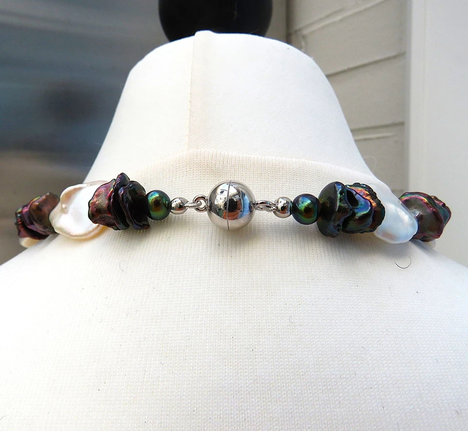 Keshi  Perlenkette mit Süßwasserperlen rund Unikat Collier handgefertigt 5689 - Bild 4 von 4