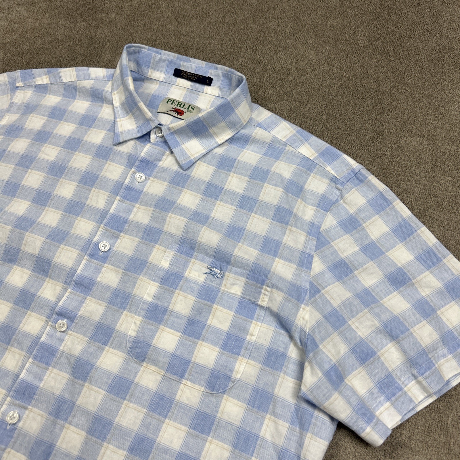 Perlis Shirt Mens Large Button Up Linen Blend Blue Plaid Short Sleeve Crawfish