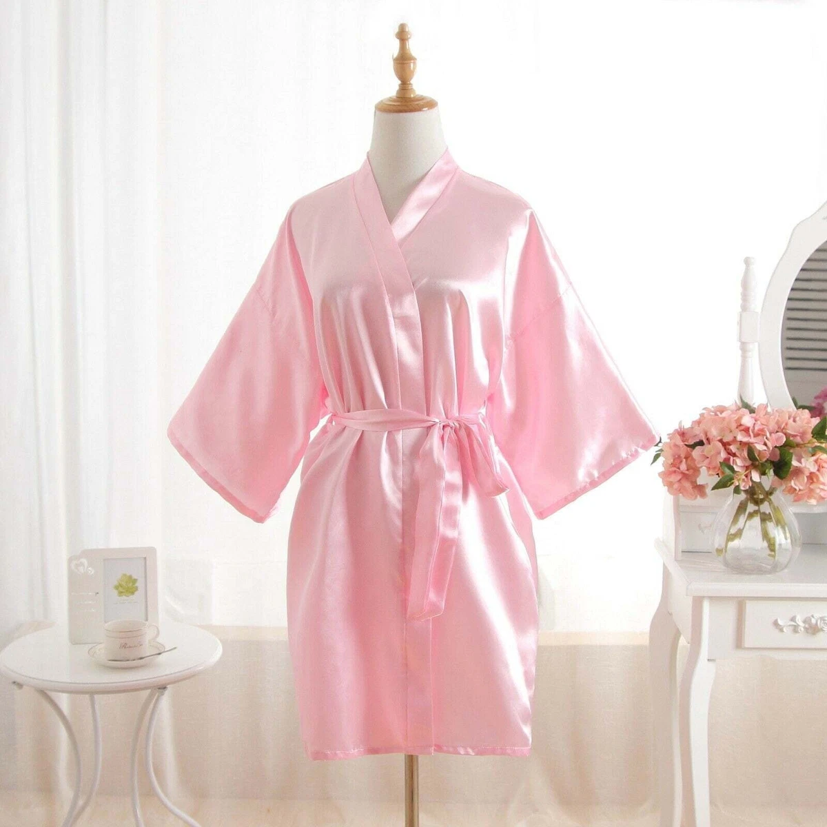 knee length dresses for ladies Lovasy Ladies Plus Loose Satin Kimono Robe | Dressing Gown | Wedding  Bridesmaid Sleepwear Bathrobe | Satin Robe | Sleepwear Robe main image 1