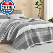 Litanika Quilt King Size Silver Grey Stripe Patchwork Summer Bedspread Coverlet