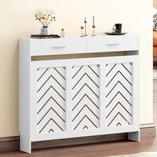 Radiator Cover with Drawers, White Radiator Cabinet with Chevron Slat