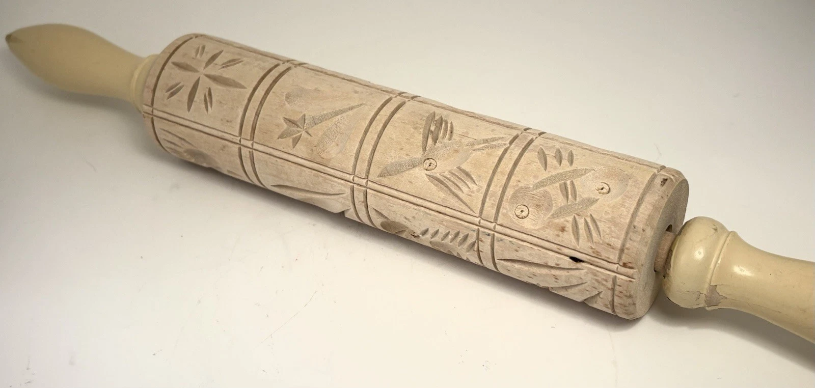 Vintage Wooden Springerle Rolling Pin Painted Handles Owls Birds Flowers 16” USA
