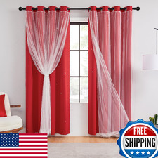 XiDi Red Blackout Curtains for Bedroom, Girls, Unicorn, Tulle Stars, 2 Panels