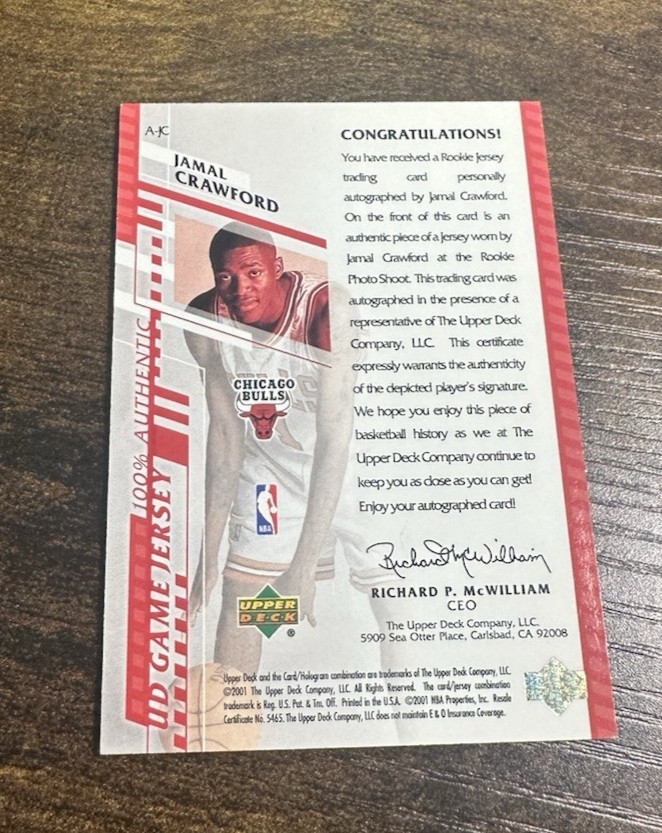 2000-01 UPPER DECK UD SP GAME JERSEY JAMAL CRAWFORD ROOKIE PATCH AUTO RC view 2