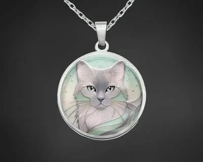 Halskette Kette Damen Mit Rundem Glas Anhänger Silber Mint Edelstahl Katze Grün - Bild 1 von 4