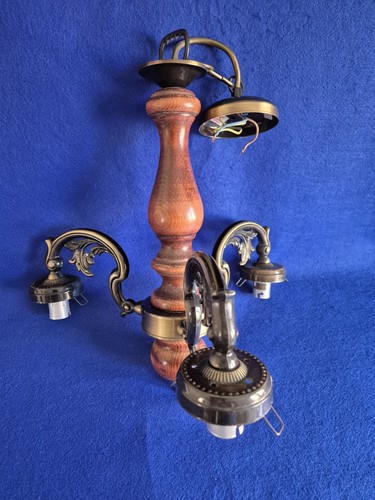 VINTAGE WOOD & ANTIQUE STYLE BRASS FINISH 3 ARM CHANDELIER - NEEDS SHADES 14" W - Picture 4 of 8