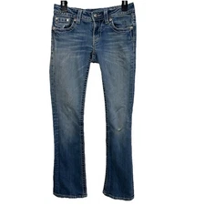 Miss Me Denim Blue Jeans Boot Size 27 Distressed Stretch Bling Bejeweled Buckle