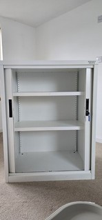 White Tambour Door Storage Cabinet – Lockable Adjustable Shelves Space Saving
