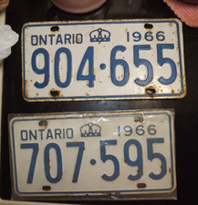 2 Ontario Canada 1966 car license plate tags