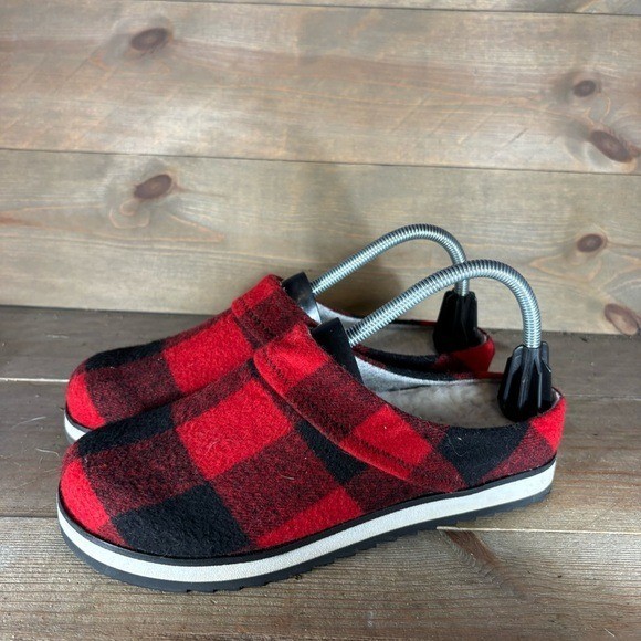 merrell juno donna taglia 9 scarpe rosso nero plaid foderato pelliccia ciabatte comode