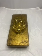 Vintage JARU Pottery MCM Gold Burnished Trinket Box Olive Green Interior 4x8”