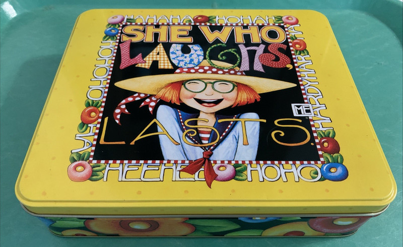 Vtg Mary Engelbreit "She Who Laughs Lasts" Hinged Tin Box &Stationary JCPenney