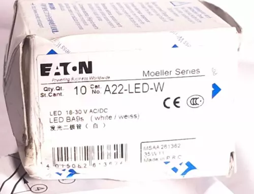 EATON MOELLER A22-LED-W LED BA9 LAMP WHITE 18-30VAC/DC 281362 - BOX OF 10