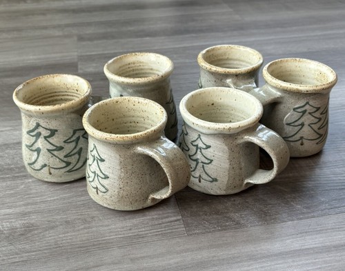 Set Of 6 Pottery Stoneware Espresso Mini Mugs Cups Handle Pine Tree - Picture 2 of 7