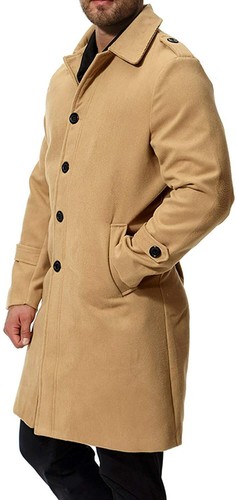 Men's Classic Lapel Collar Single Breasted Wool Blend Midi Long Trench Coat Cml - Picture 5 of 5