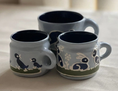 3 Lovely Vintage Studio Pottery Handcrafted Artist Signed Animals Coffee Mugs